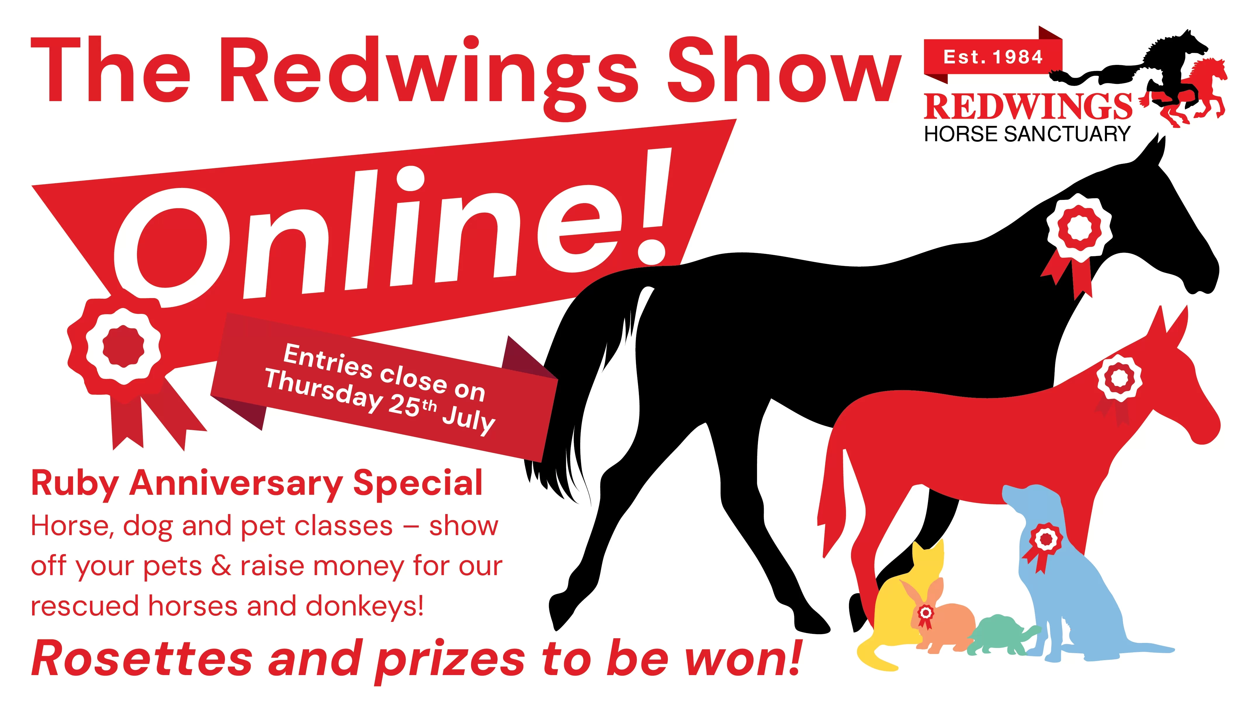 The logo for the Redwings Show Online featuring black, red, blue, yellow, orange and green horses and other small animals 