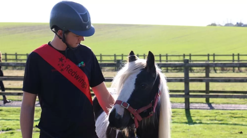 A brown and white pony stands in a grass paddock next to one of her carers wearing a celebratory red sash.