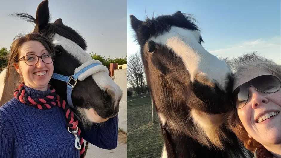 Two photos of Boris the pony with his human Guardians