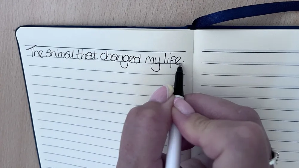 Photo of someone writing the line 'The animal that changed my life.'