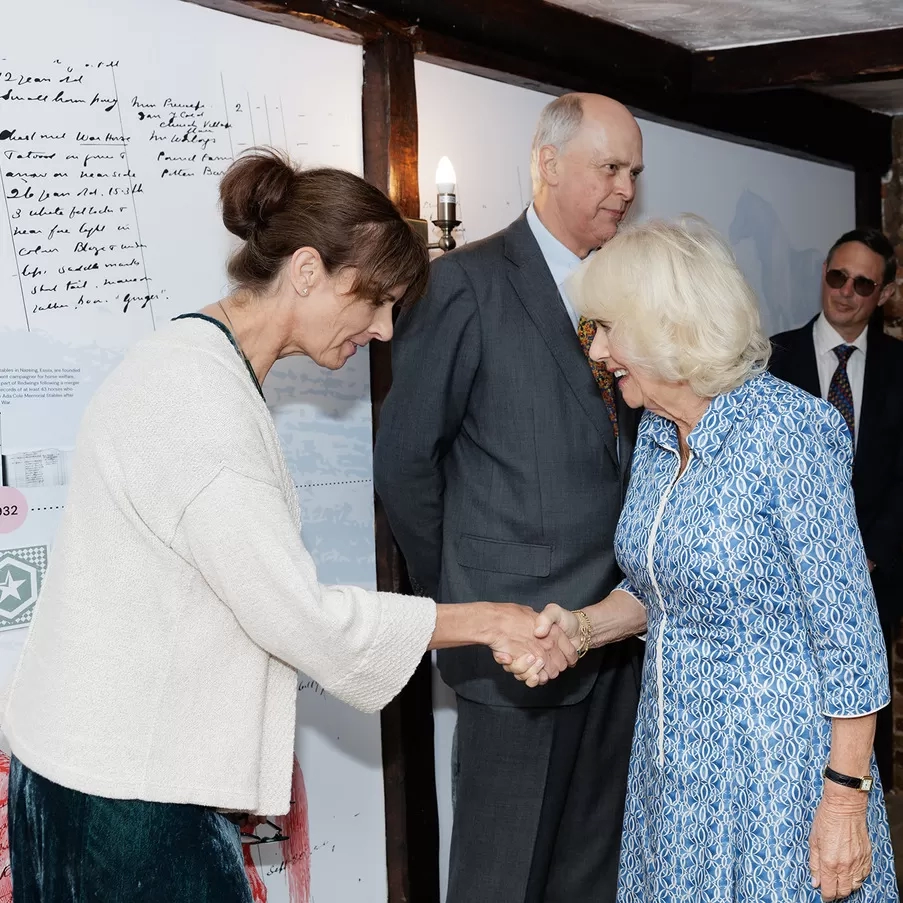 A woman shakes hands with the Queen, Camilla, in an old building called Anna Sewell House.