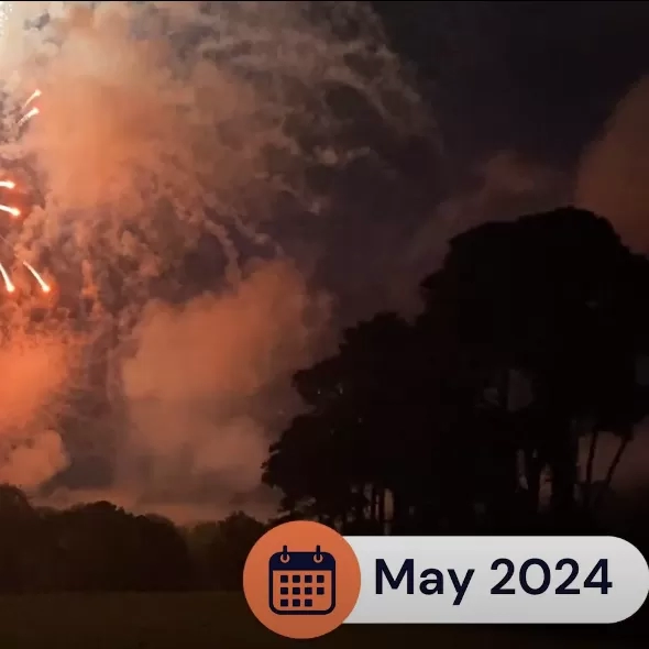 A photo of fireworks going off near a field of horses in May 2024