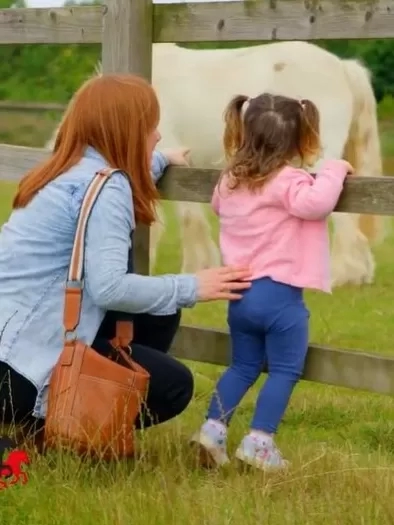 A woman and a toddler watch a pony grazing in his paddock through the fence.