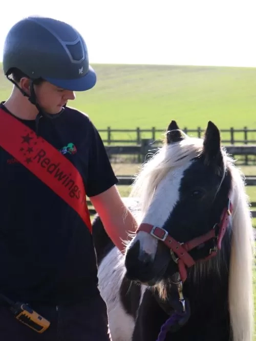 A brown and white pony stands in a grass paddock next to one of her carers wearing a celebratory red sash.