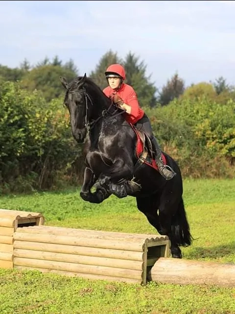 Photo of a horse and rider jumping over a wooden jump.