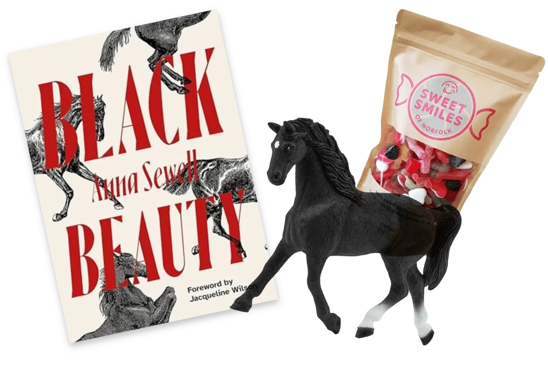 Black beauty book, schleich horse and sweet smiles sweets.